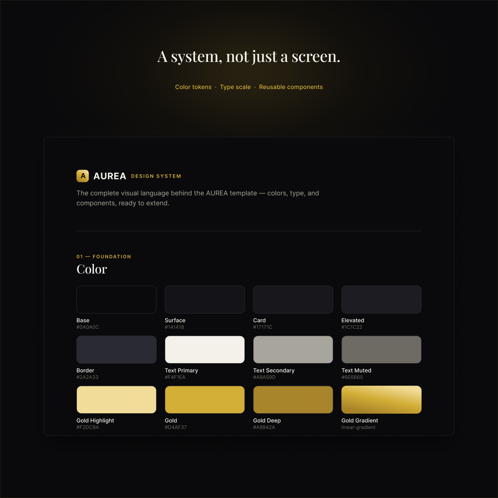 AUREA design system: color tokens, type scale and components