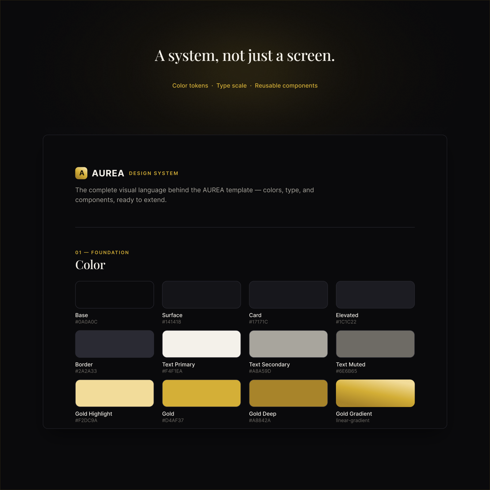 AUREA design system: color tokens, type scale and components
