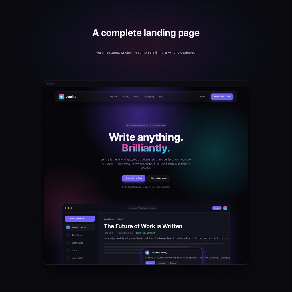 Lumina AI complete landing page design with hero, features and pricing