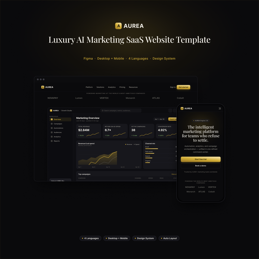 AUREA luxury AI marketing SaaS website template — desktop and mobile preview