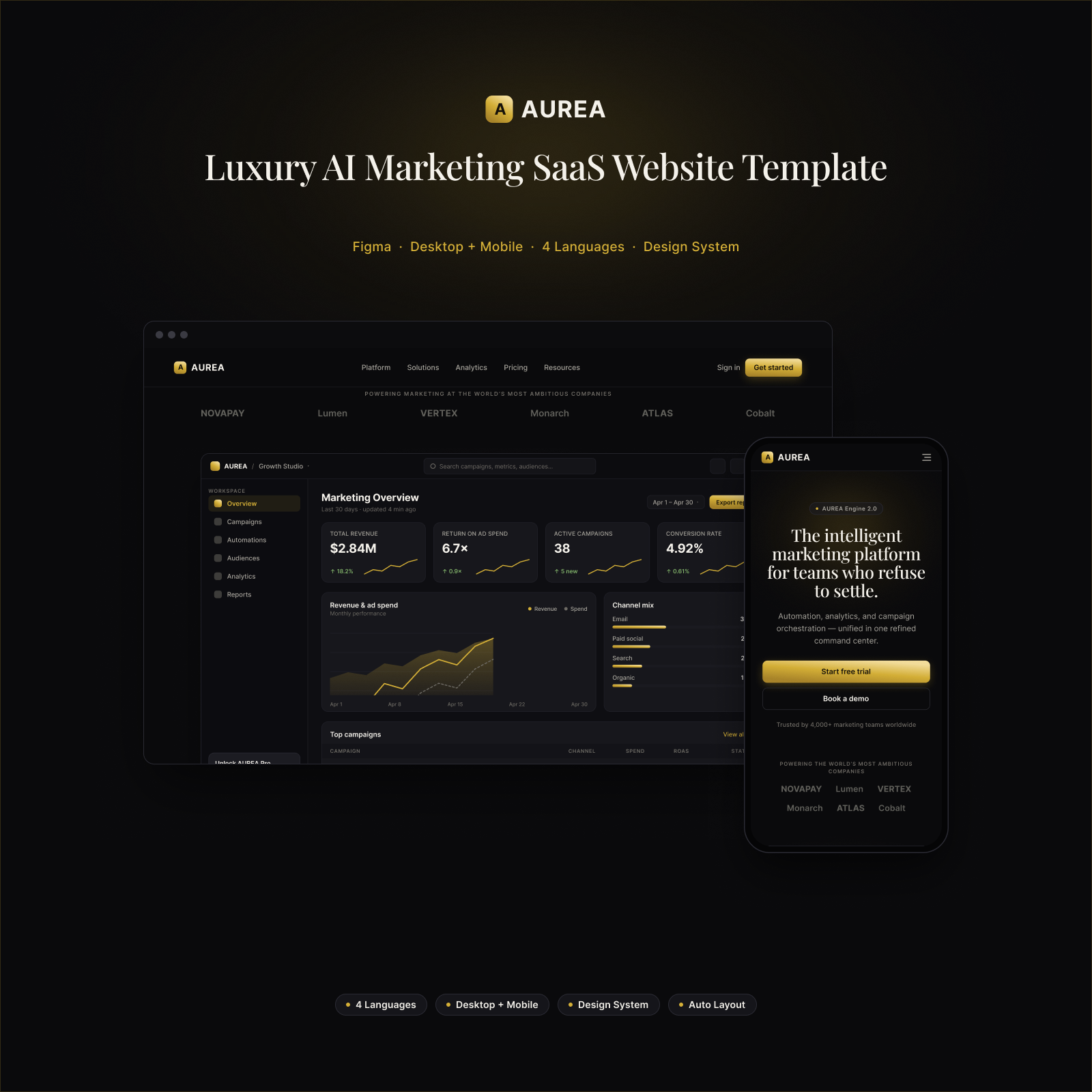 AUREA luxury AI marketing SaaS website template — desktop and mobile preview