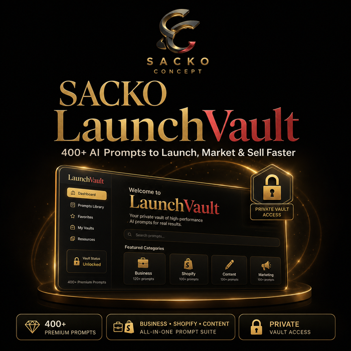 SACKO LaunchVault — 400+ AI Prompts to Launch, Market & Sell Faster