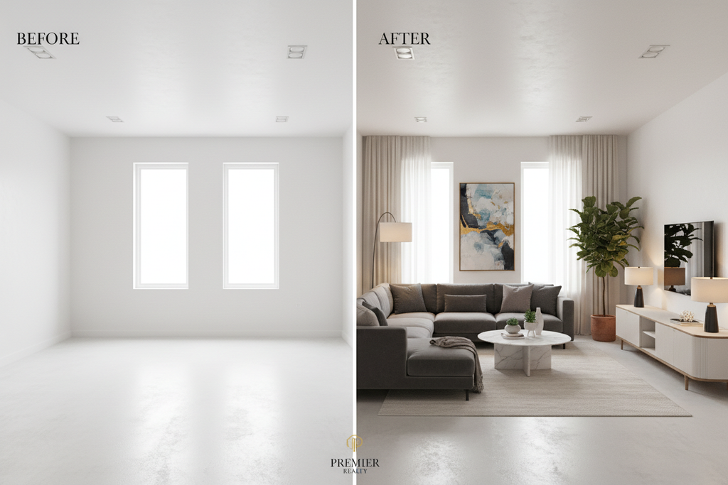 Virtual home staging before and after transformation — photorealistic 3D render