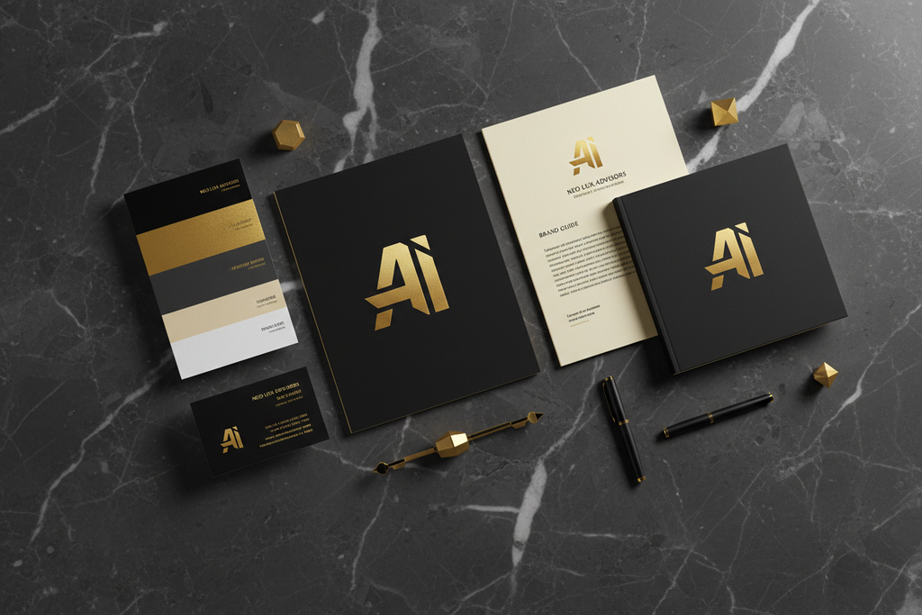 Premium AI branding and visual identity package flat lay on dark marble