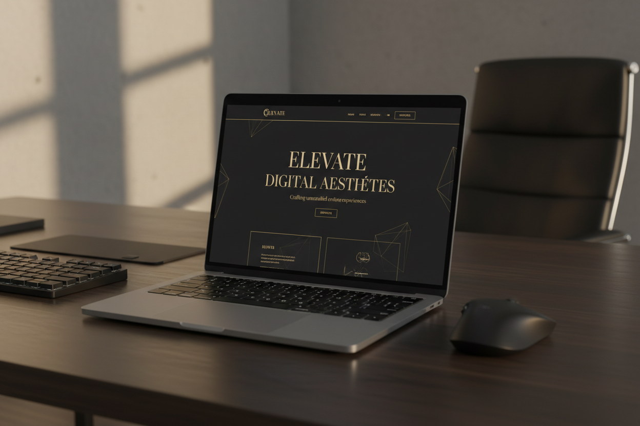 Luxury dark and gold agency website template displayed on MacBook Pro